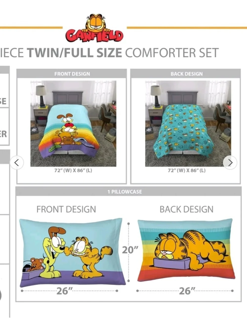Garfield Multicolor Cartoon Comforter Set-Full- Kids Bedding